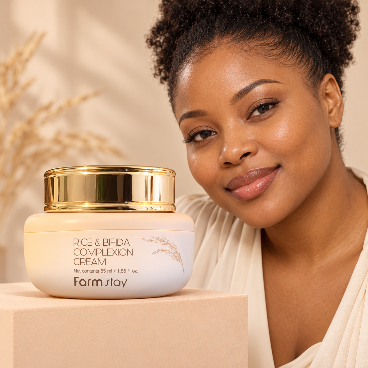Farmstay Rice & Bifida Complexion Cream 55 ml beside an adult model in a lifestyle scene