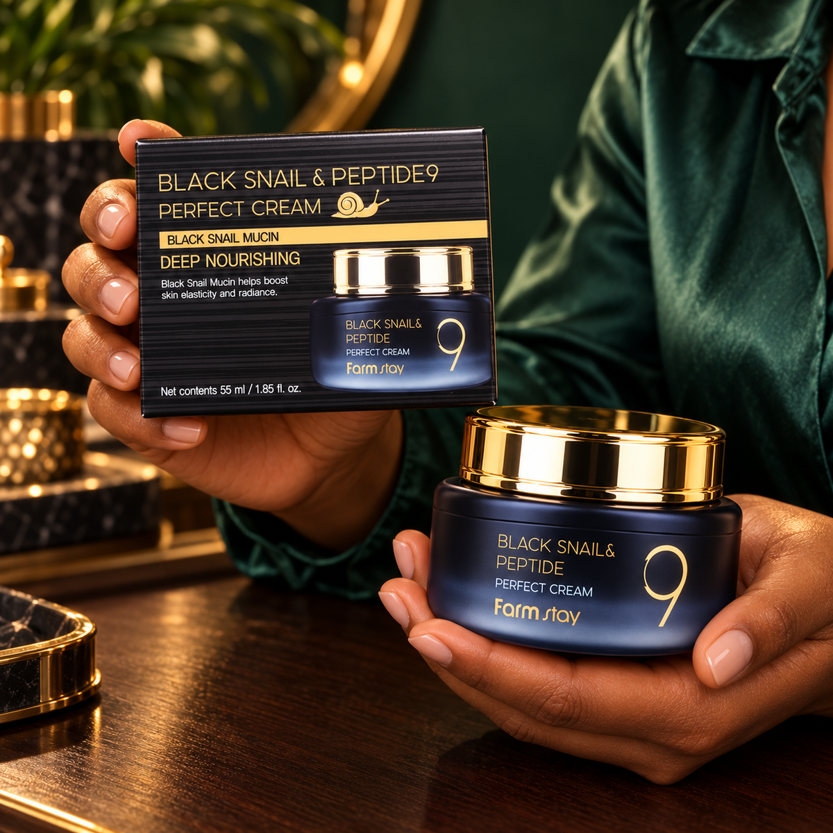 Close hand-held presentation of the Farmstay Black Snail and Peptide9 Perfect Cream 55 ml closed jar and striped retail box