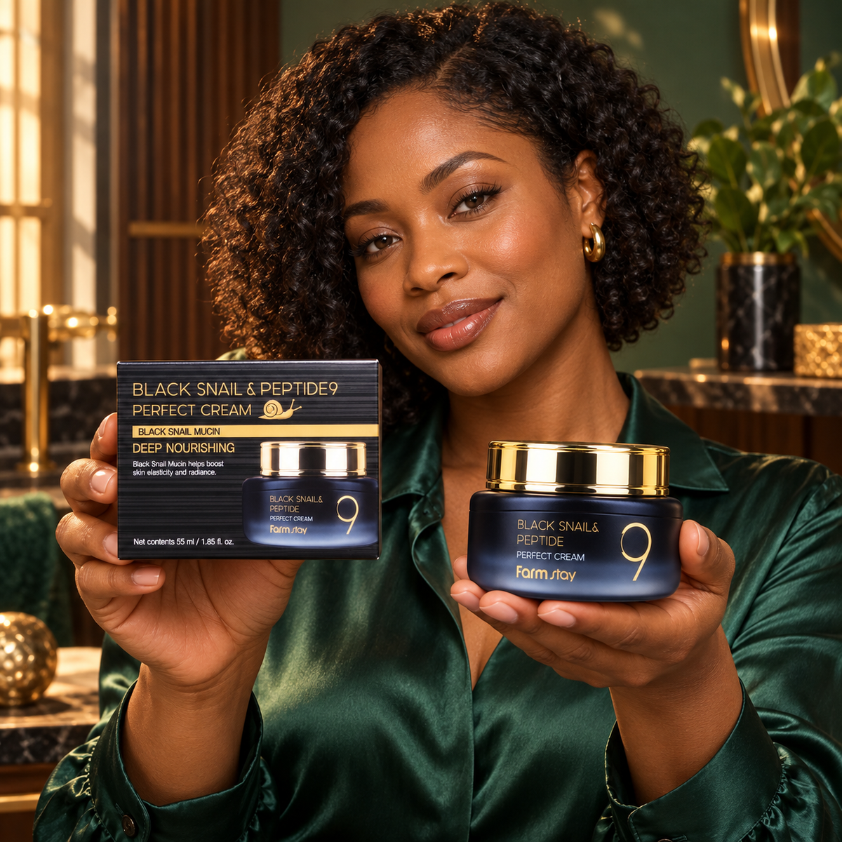 Woman presenting the closed Farmstay Black Snail and Peptide9 Perfect Cream 55 ml jar and retail box in an emerald and bronze setting