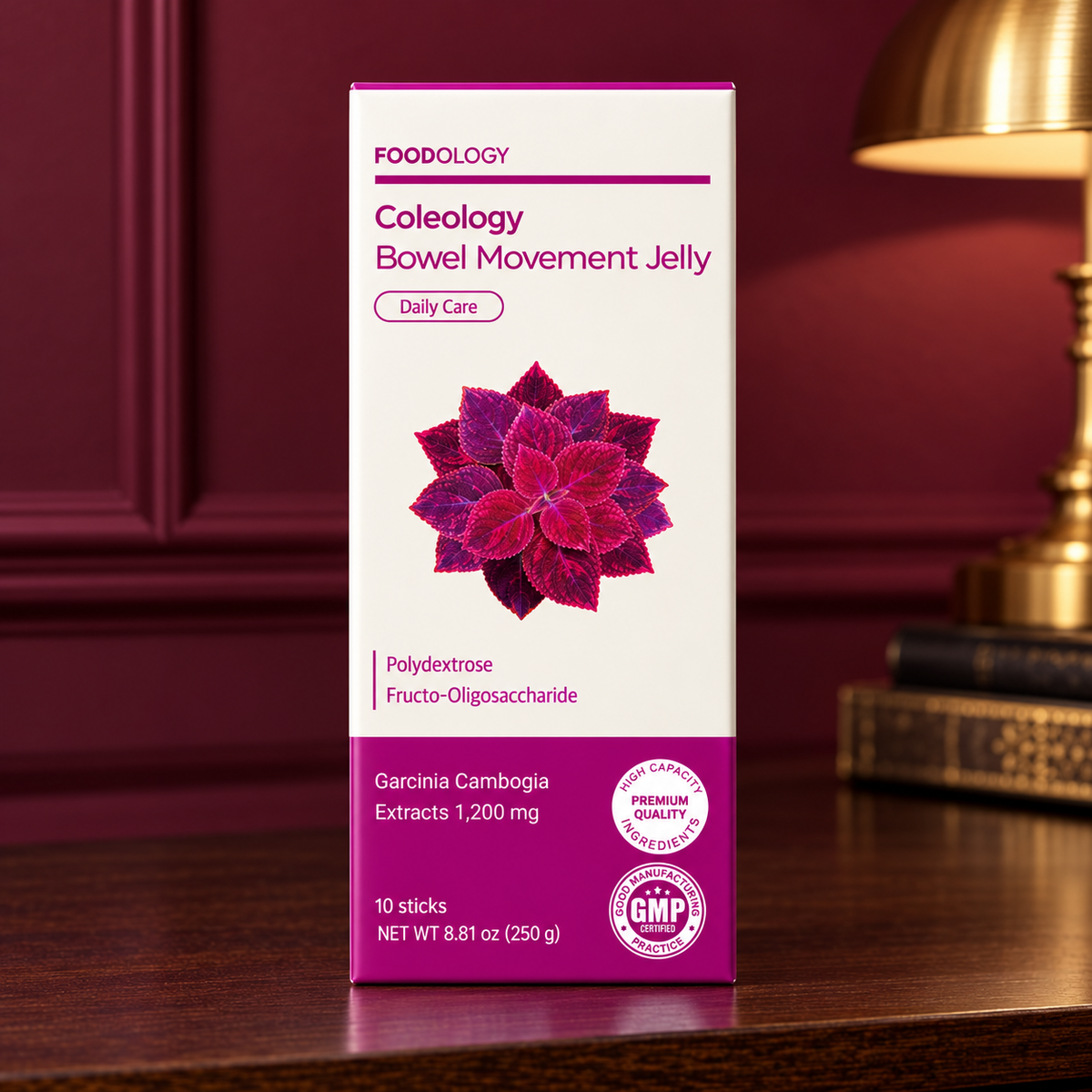 FOODOLOGY Coleology Bowel Movement Jelly closed 10-stick carton — front-label detail in a home setting; AI-styled product presentation.