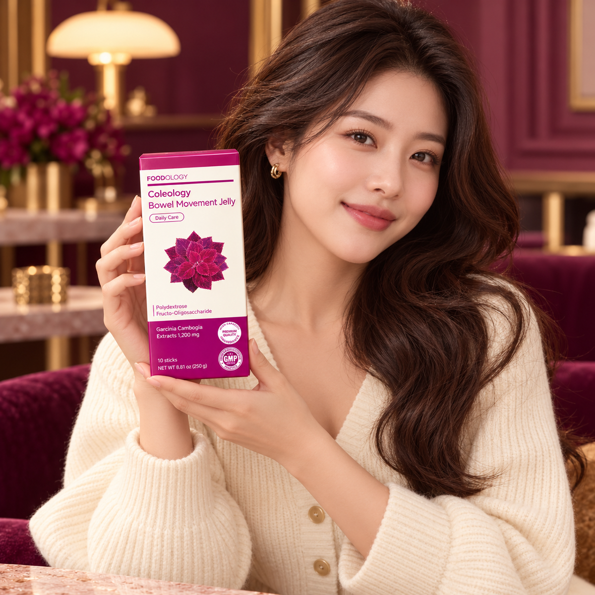 FOODOLOGY Coleology Bowel Movement Jelly closed 10-stick carton — adult woman presenting the package; AI-styled product presentation.