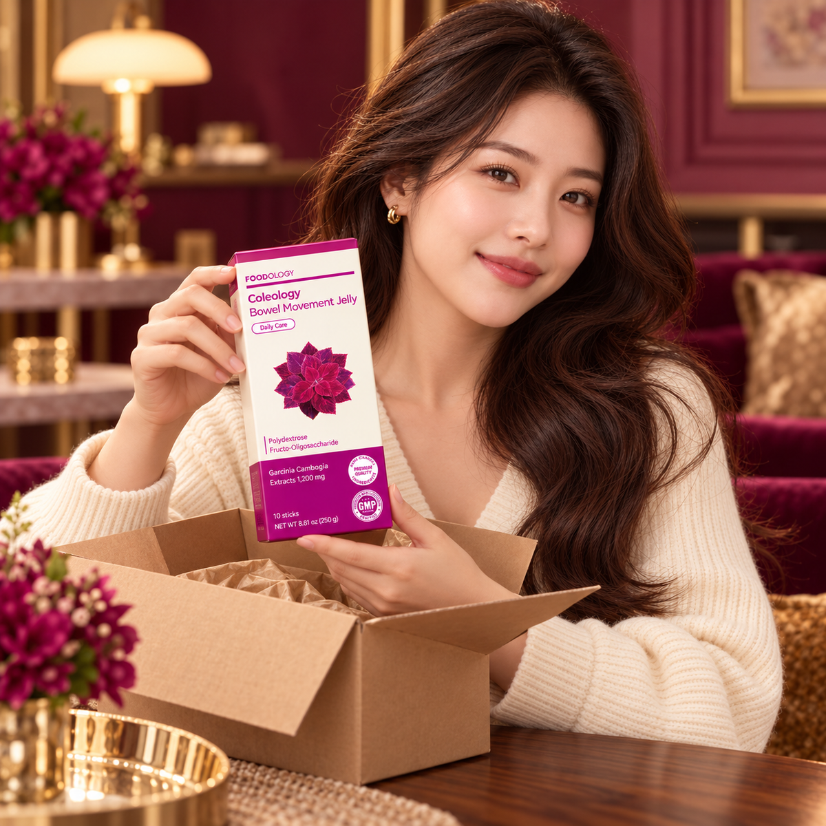 FOODOLOGY Coleology Bowel Movement Jelly closed 10-stick carton — same adult woman lifting the closed carton from a delivery box; AI-styled product presentation.