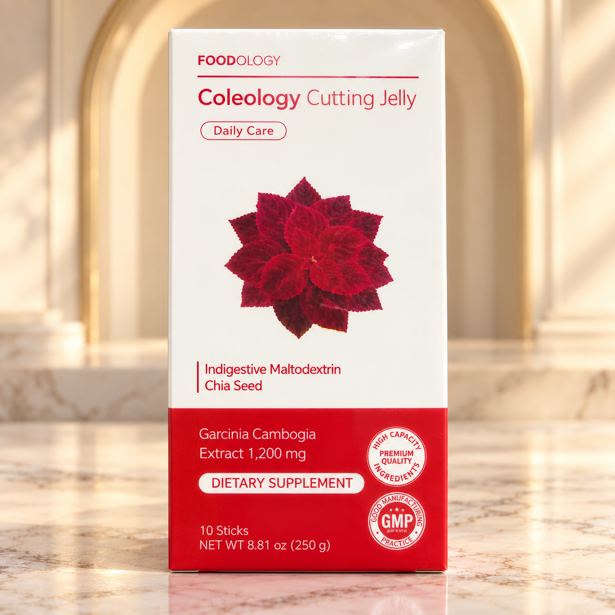 FOODOLOGY Coleology Cutting Jelly 10-stick box on an ivory marble shelf