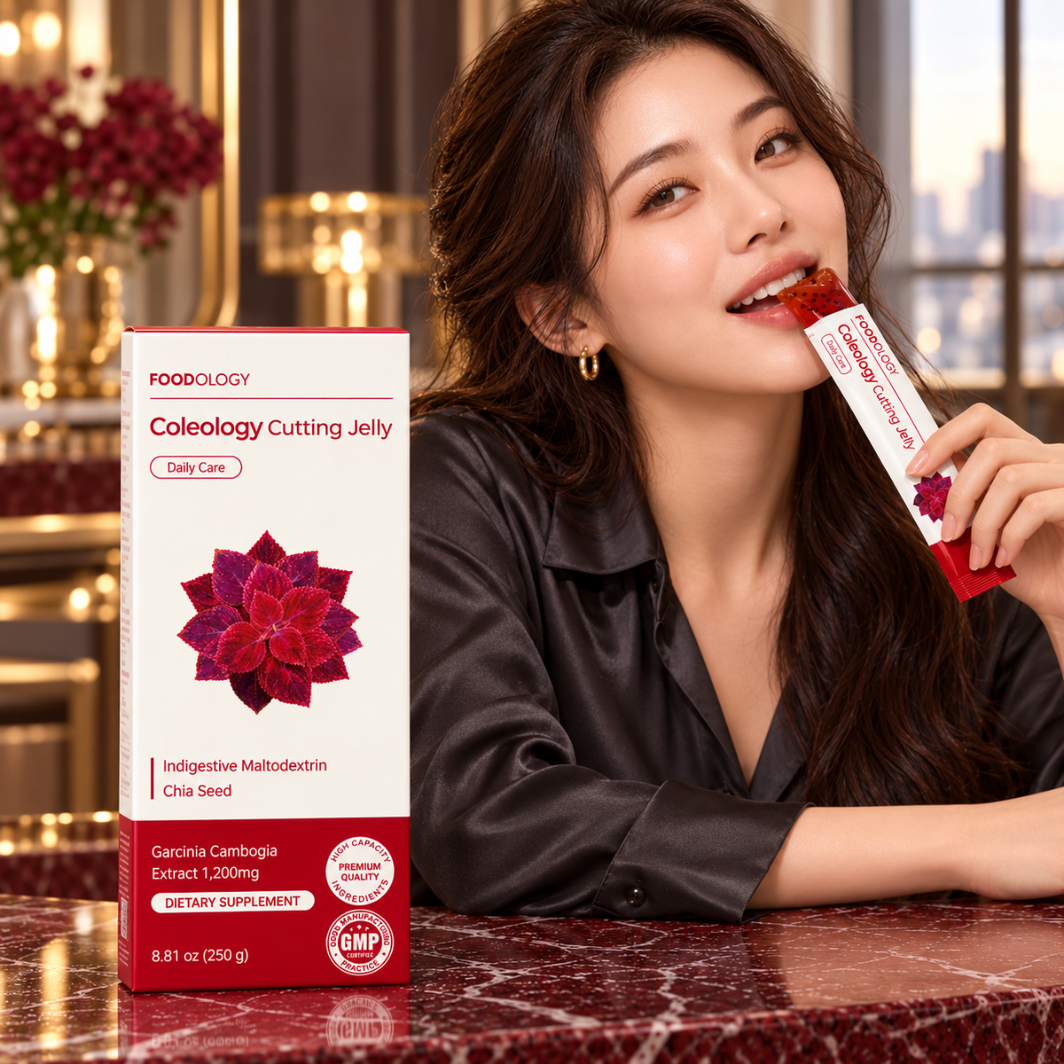 Adult model enjoying FOODOLOGY Coleology Cutting Jelly from its stick pouch; AI-styled scene, not a weight-loss testimonial