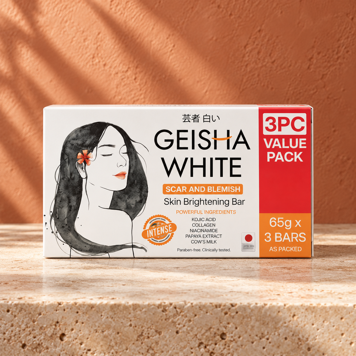 Geisha White Intense Scar and Blemish 3 x 65 g soap carton on terracotta and stone