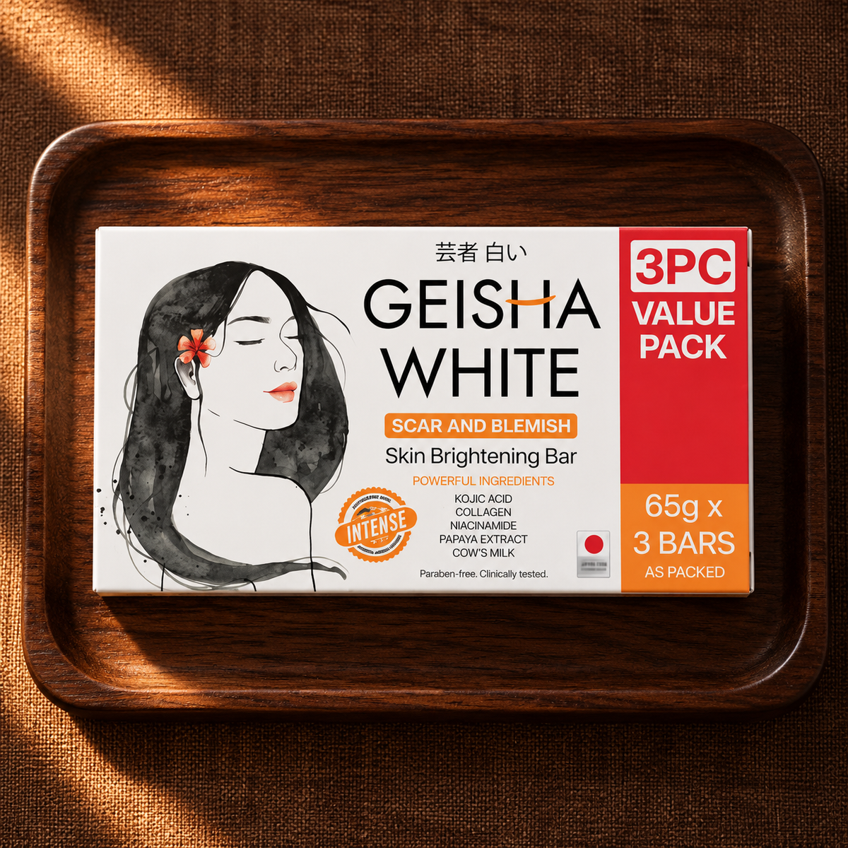 Geisha White Intense 3 x 65 g soap carton front viewed overhead on walnut