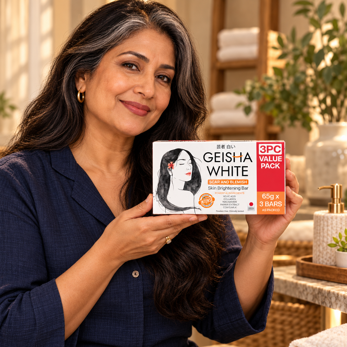 Same fictional adult model presenting the Geisha White Intense 3 x 65 g carton; illustrative product presentation