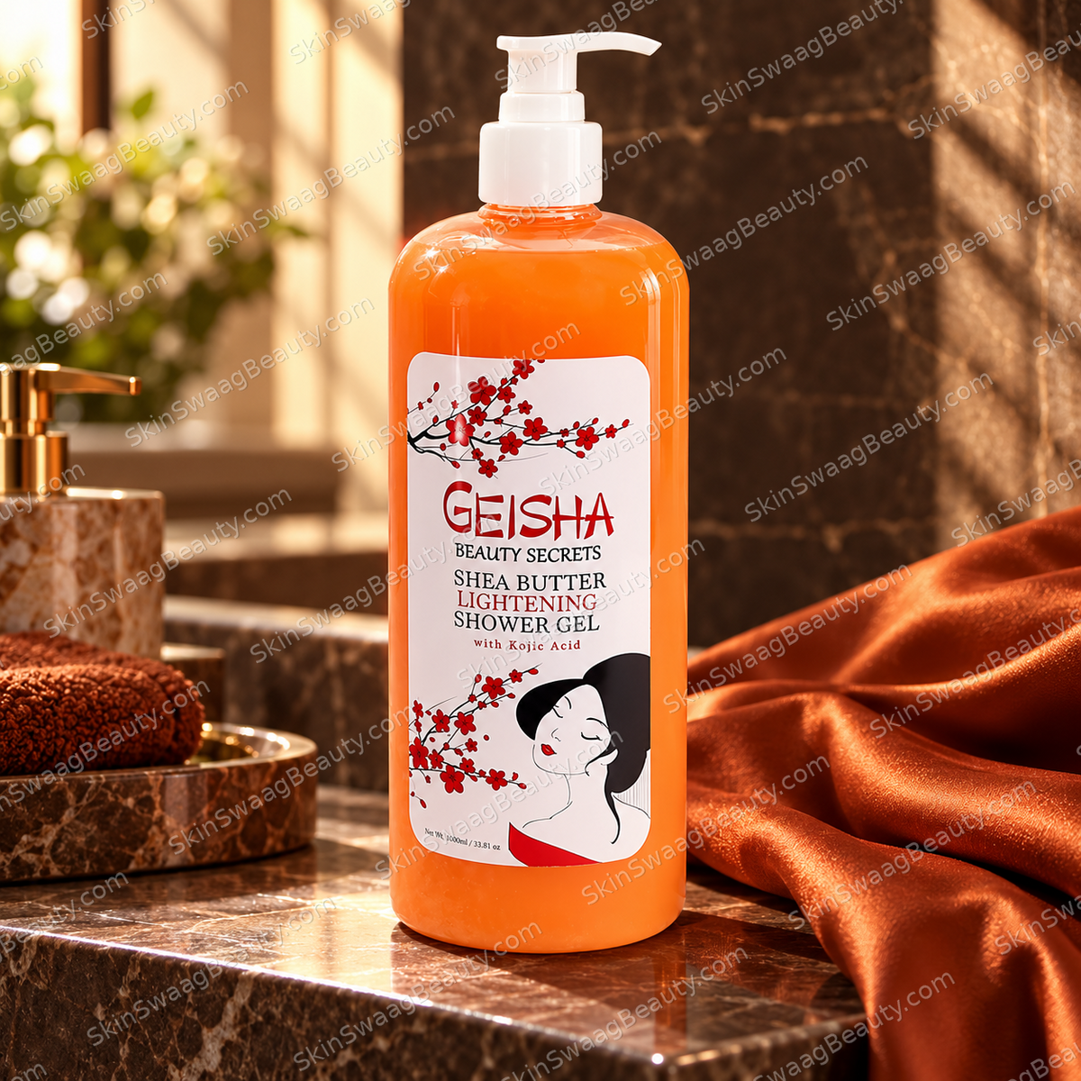 Geisha Shea Butter Shower Gel with Kojic Acid1000ml — product still life; SkinSwaagBeauty.com watermark.
