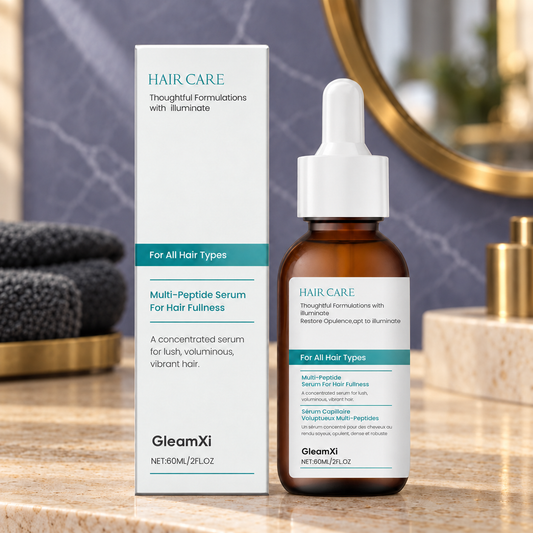 GleamXi hair serum bottle and box against a lavender stone salon backdrop