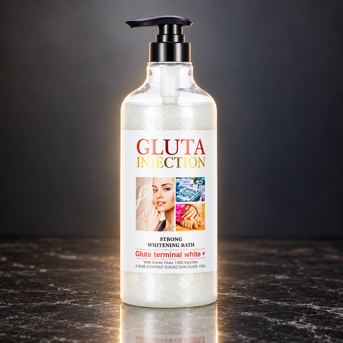 Gluta Injection Body Wash bottle on dark stone