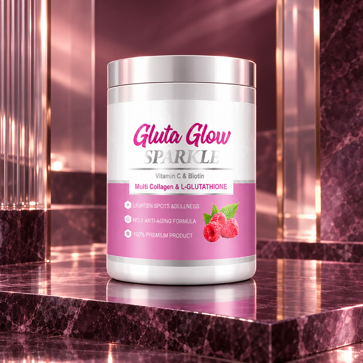 Gluta Glow Sparkle single 300 g can on plum stone and rose glass, product-only styled photograph.