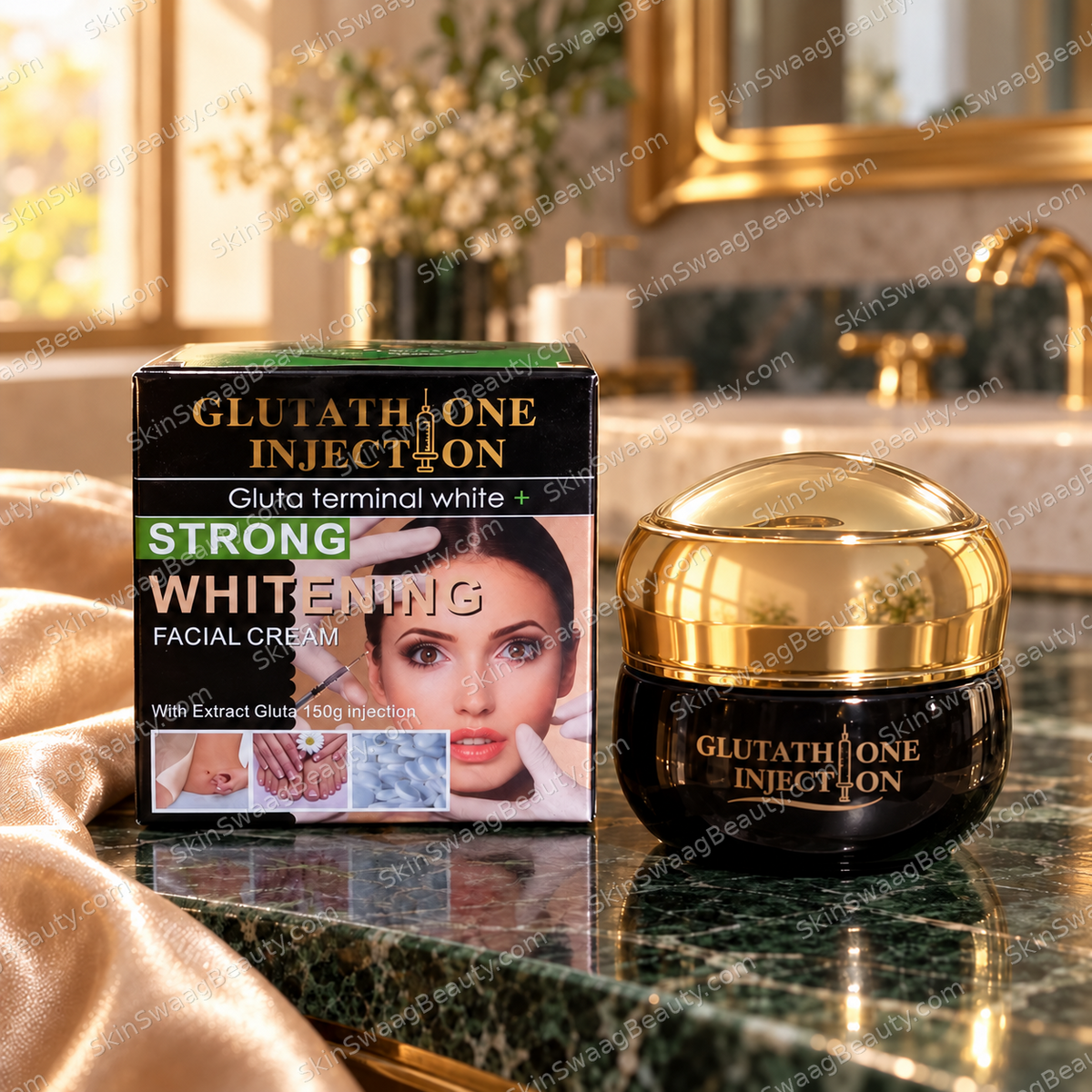 Glutathione Facial Cream — jar and carton; SkinSwaagBeauty.com watermark.
