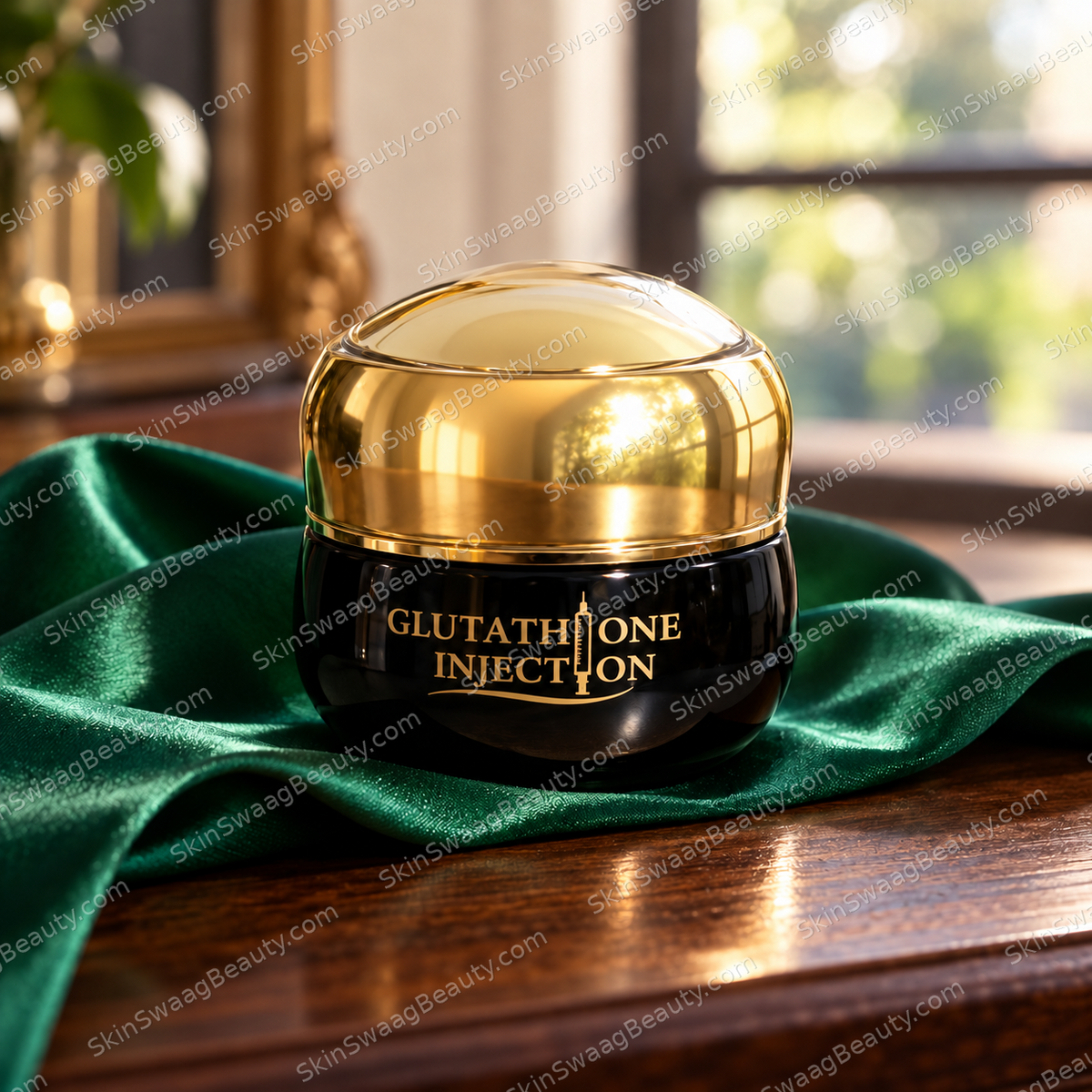 Glutathione Facial Cream — closed jar detail; SkinSwaagBeauty.com watermark.