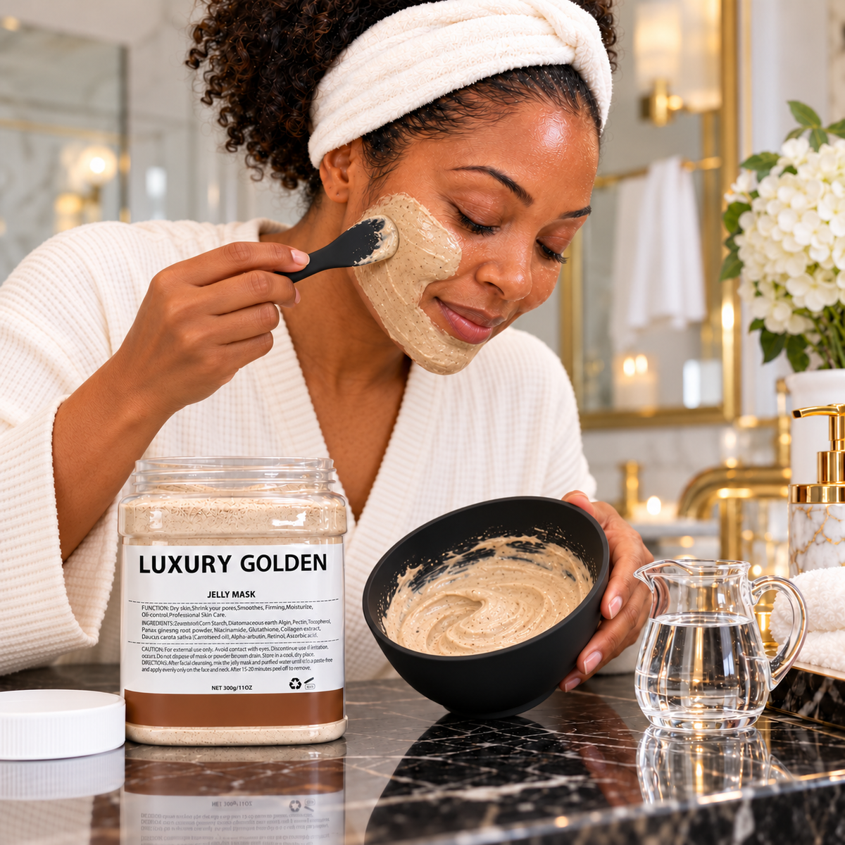 Luxury Golden Jelly Mask 300 g — same model applying prepared mask to cheek