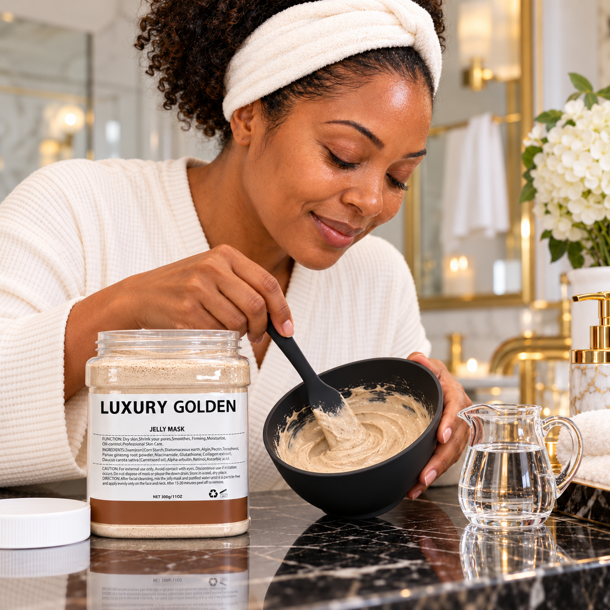Luxury Golden Jelly Mask 300 g — same model mixing prepared mask with water