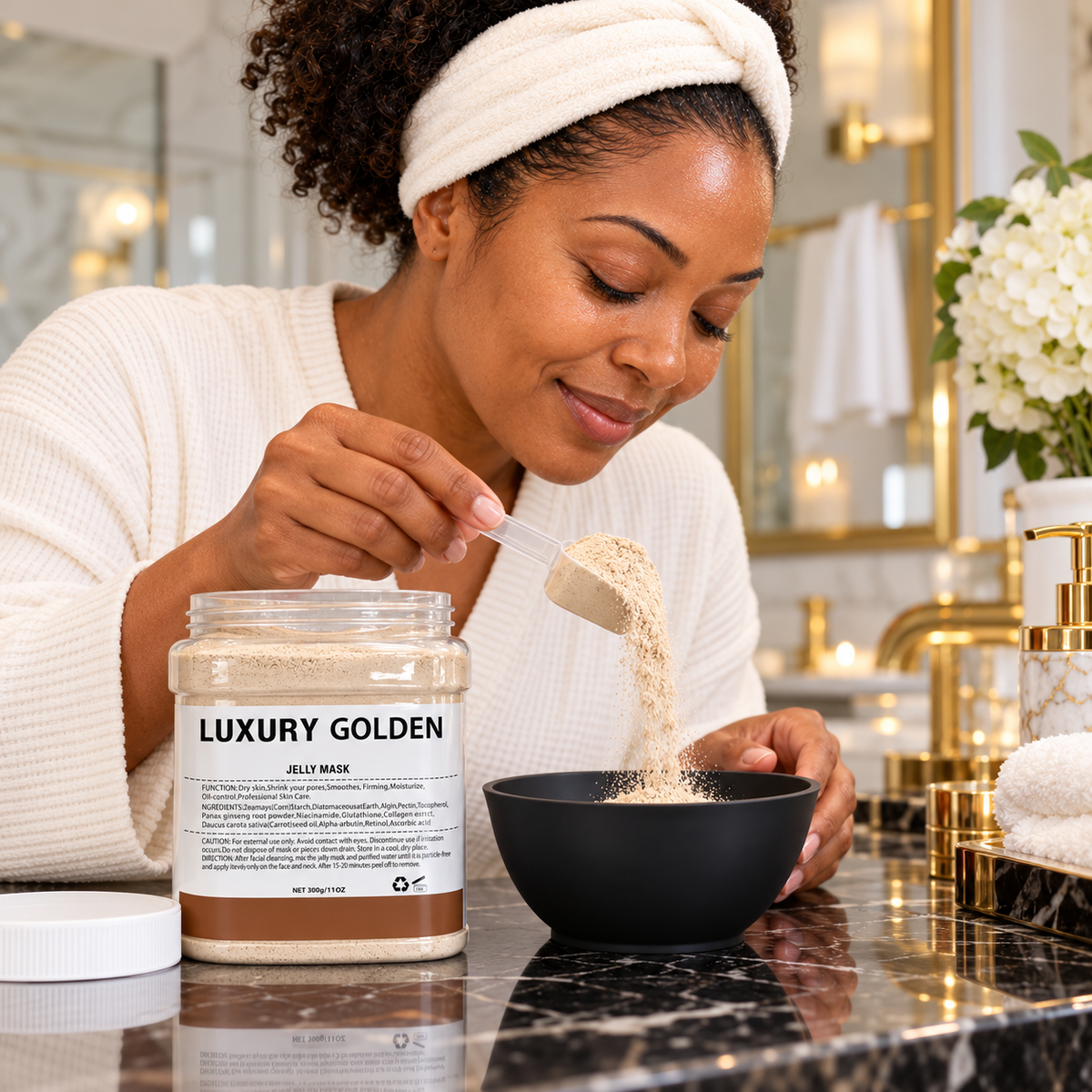 Luxury Golden Jelly Mask 300 g — same model pouring dry powder into mixing bowl