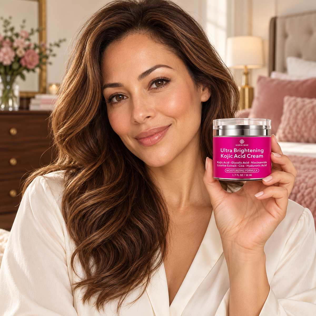 Model holding GORGIQUE Ultra Brightening Kojic Acid Cream 50 ml