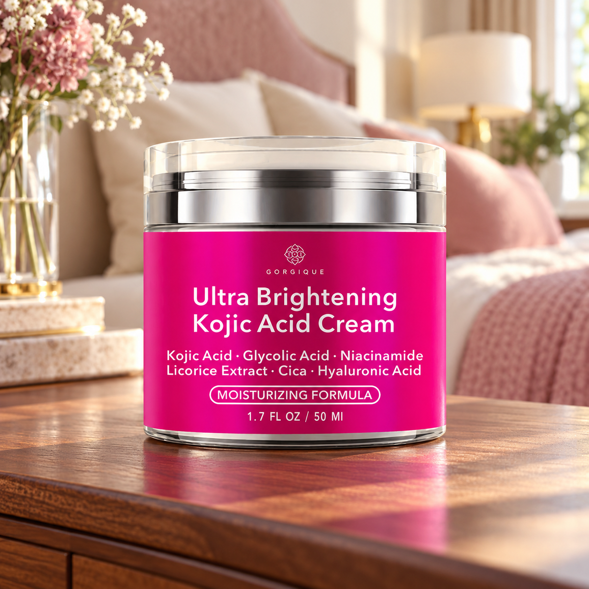 GORGIQUE Ultra Brightening Kojic Acid Cream 50 ml jar on a bedroom dresser