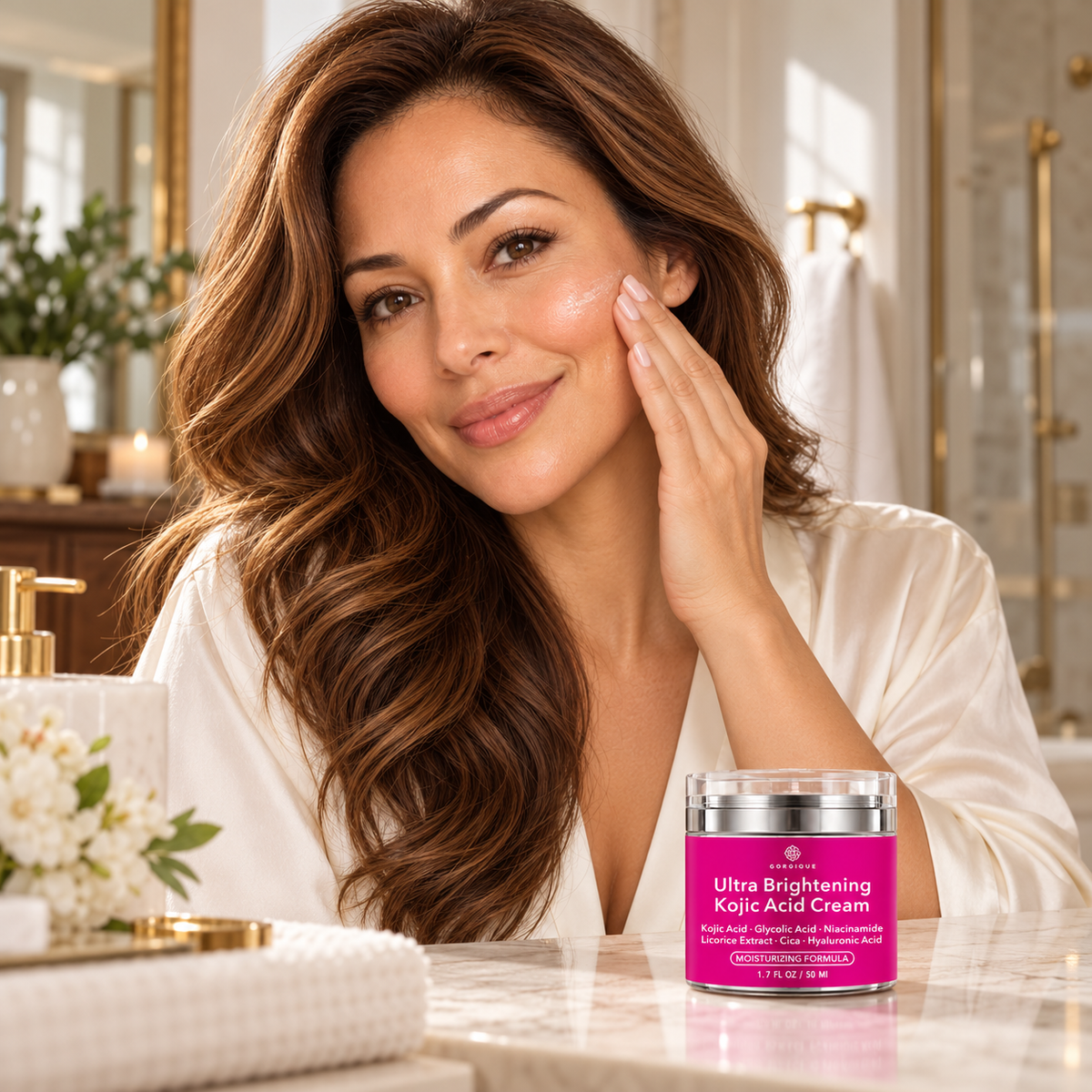 Same model applying moisturizer beside GORGIQUE Ultra Brightening Kojic Acid Cream
