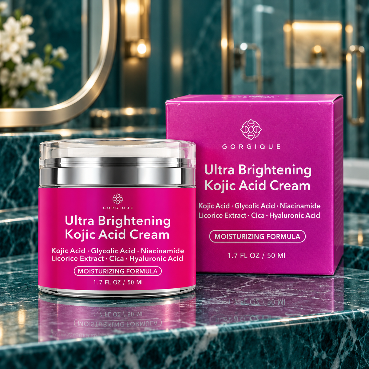 GORGIQUE Kojic Acid Cream 50 ml — jar and matching carton on a luxury vanity