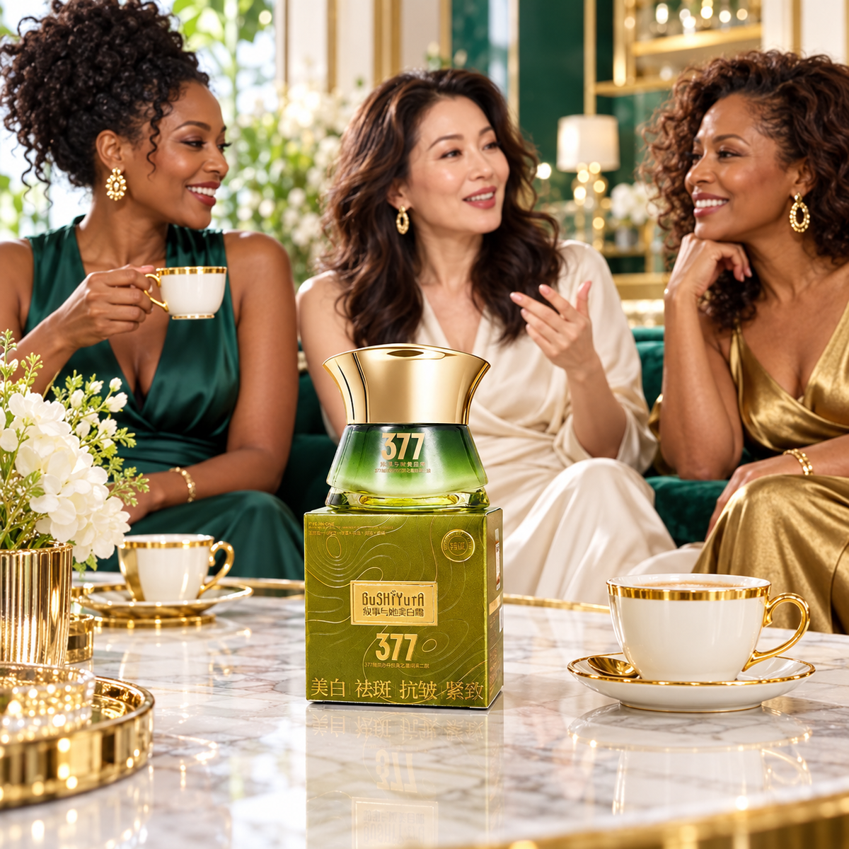 Illustrative beauty lounge scene with three adult women and one GUSHIYUTA 377 jar and carton
