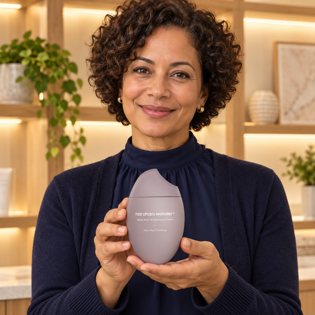 HARUHARU Black Rice Hyaluronic Cream 50ml held by an adult presenter.