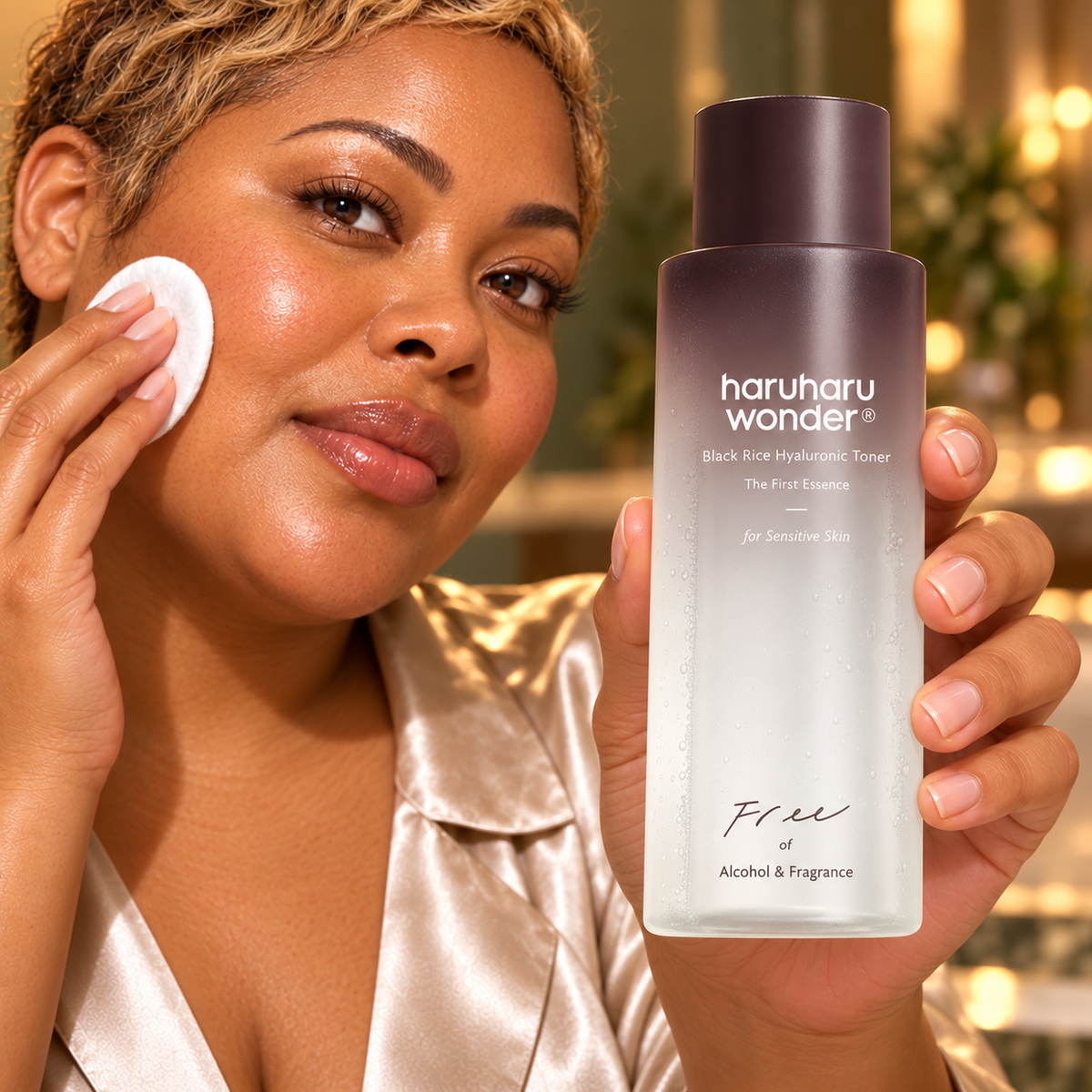 Original mid-thirties model demonstrating haruharu skincare with a prominent readable product label