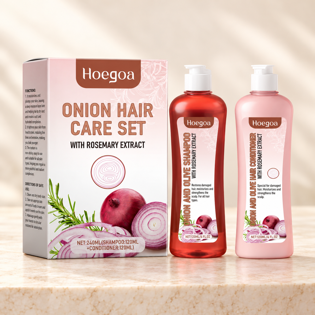 Hoegoa Onion Hair Care Set, two 120 ml bottles and original carton on cream stone