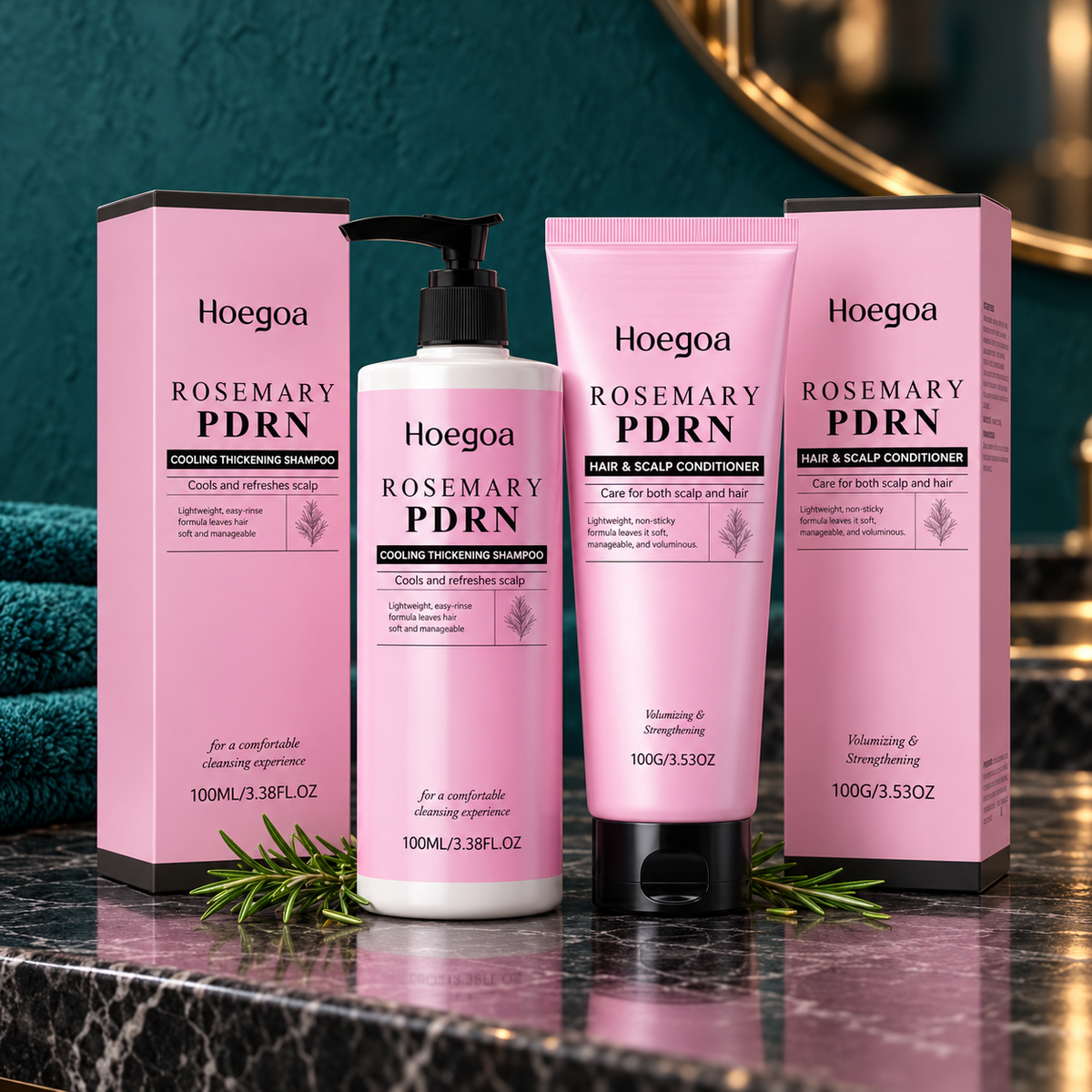 HOEGOA Rosemary PDRN Shampoo and Conditioner Set on a charcoal marble salon vanity