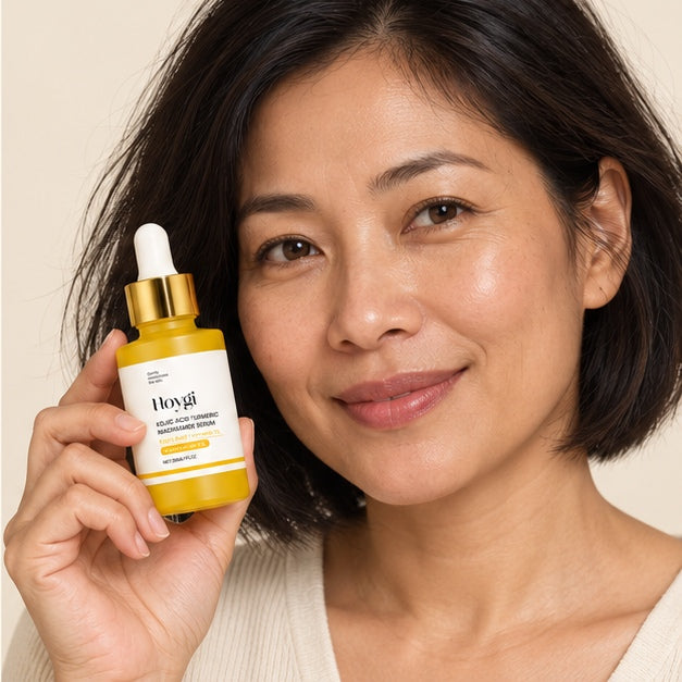 HOYGI Kojic Acid Turmeric Niacinamide Serum 30 ml — adult model product portrait