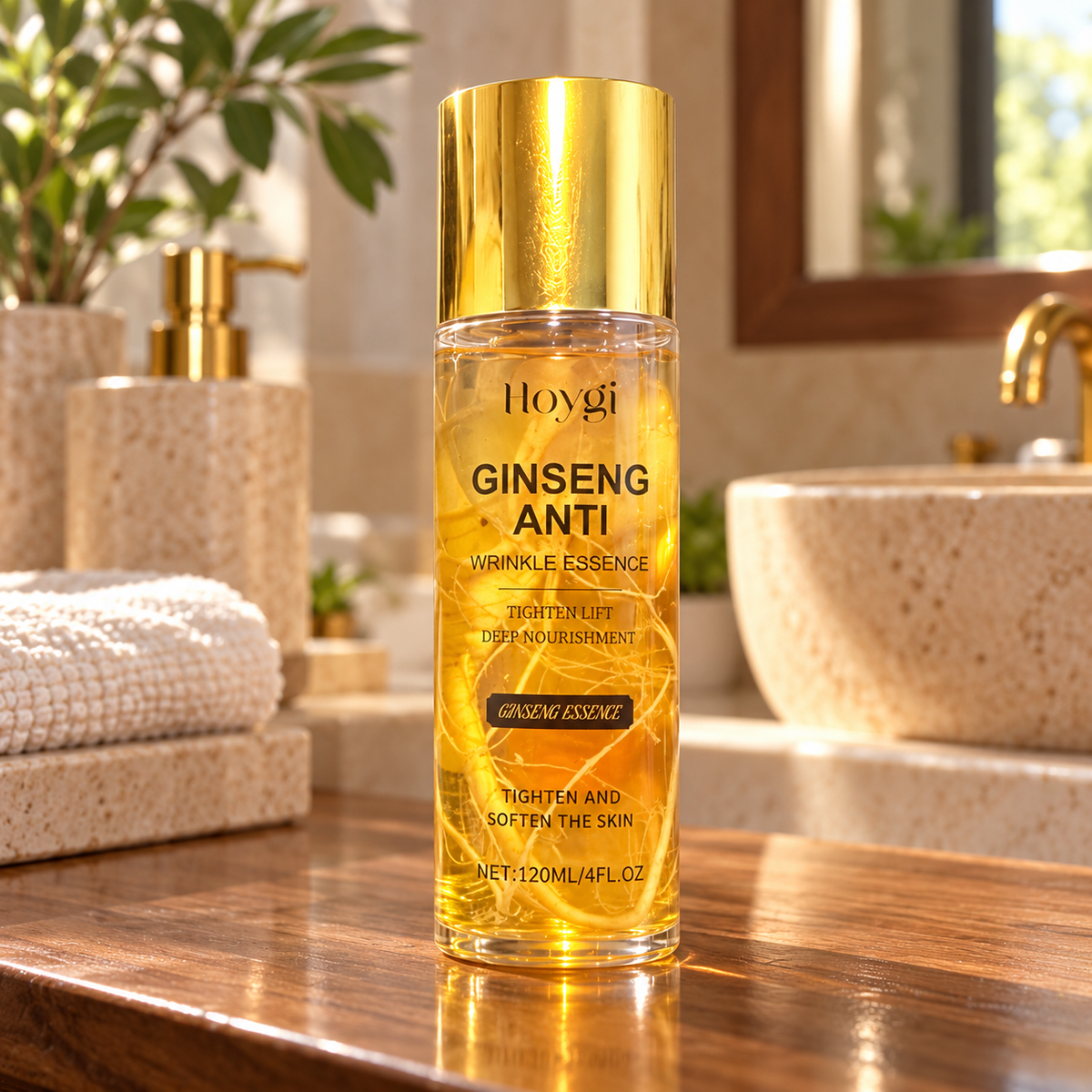 HOYGI Ginseng Essence 120 ml — gold-cap bottle on home vanity