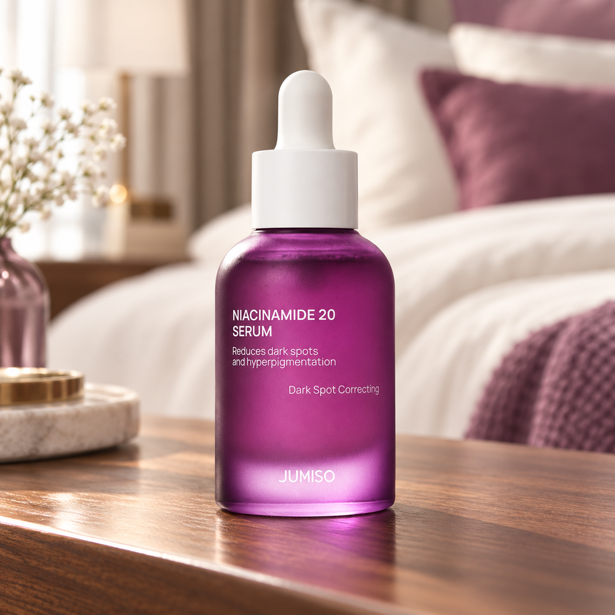 JUMISO Niacinamide 20 Serum bottle on a bedroom dresser