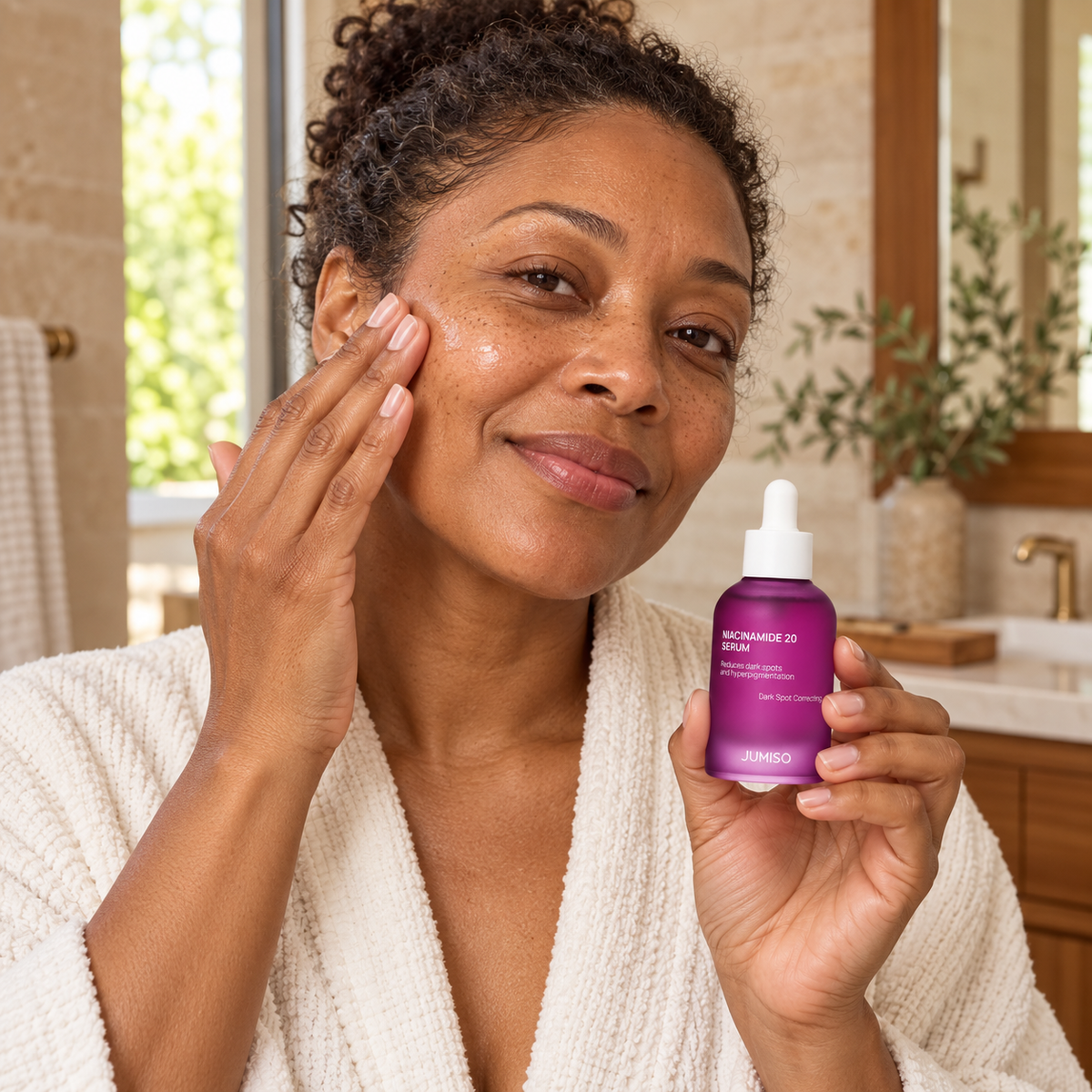 Model holding JUMISO Niacinamide 20 Serum and gently patting her cheek