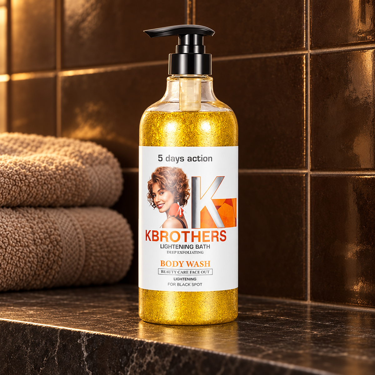 K Brothers Body Wash 1,000 ml pump bottle in a tiled bathroom alcove