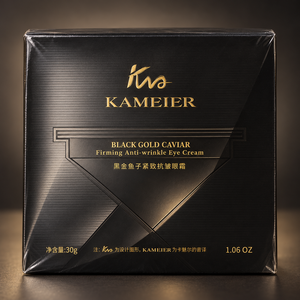 KAMEIER Black Gold Caviar Firming Anti-wrinkle Eye Cream 30 g, closed black-and-gold package.