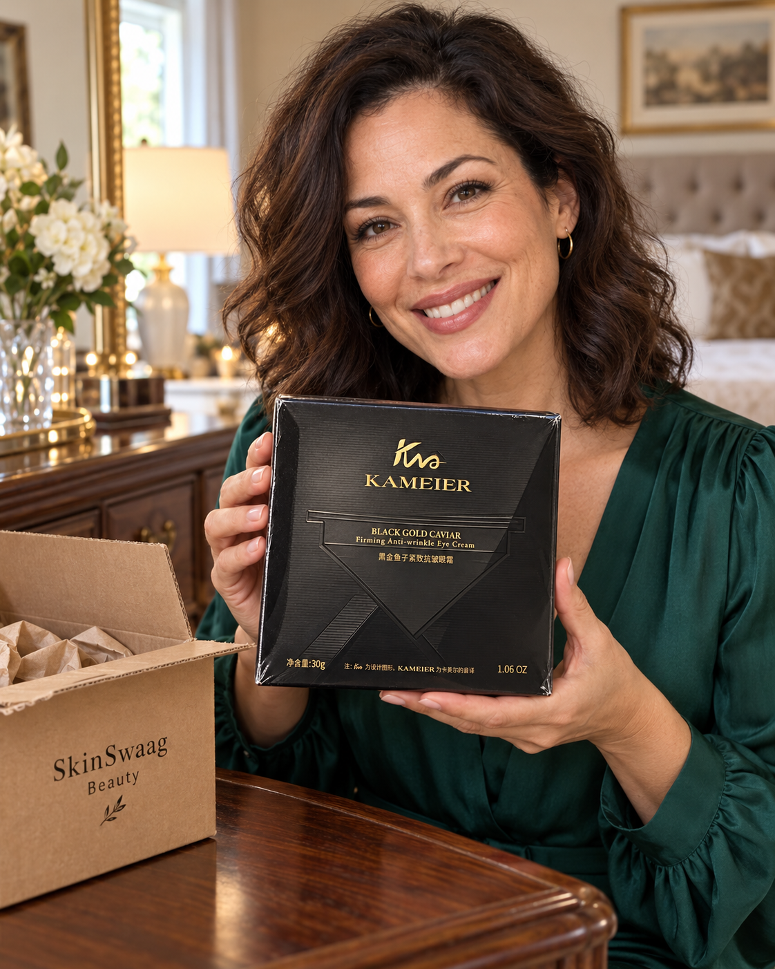 KAMEIER Black Gold Caviar Eye Cream 30 g — model holding sealed package after unpacking