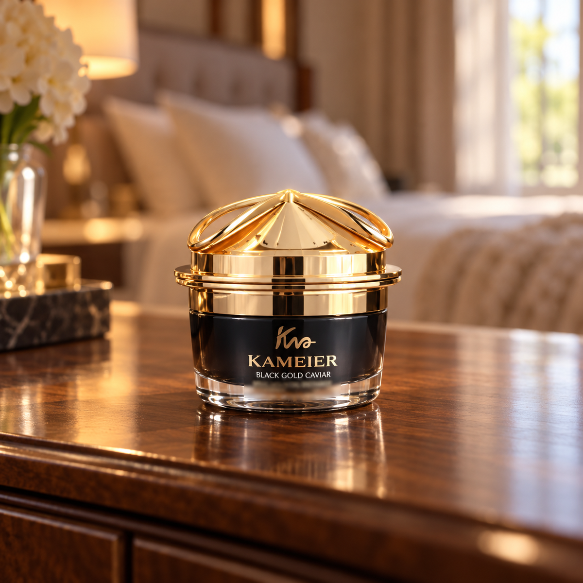 KAMEIER Black Gold Caviar — closed jar on bedroom dresser