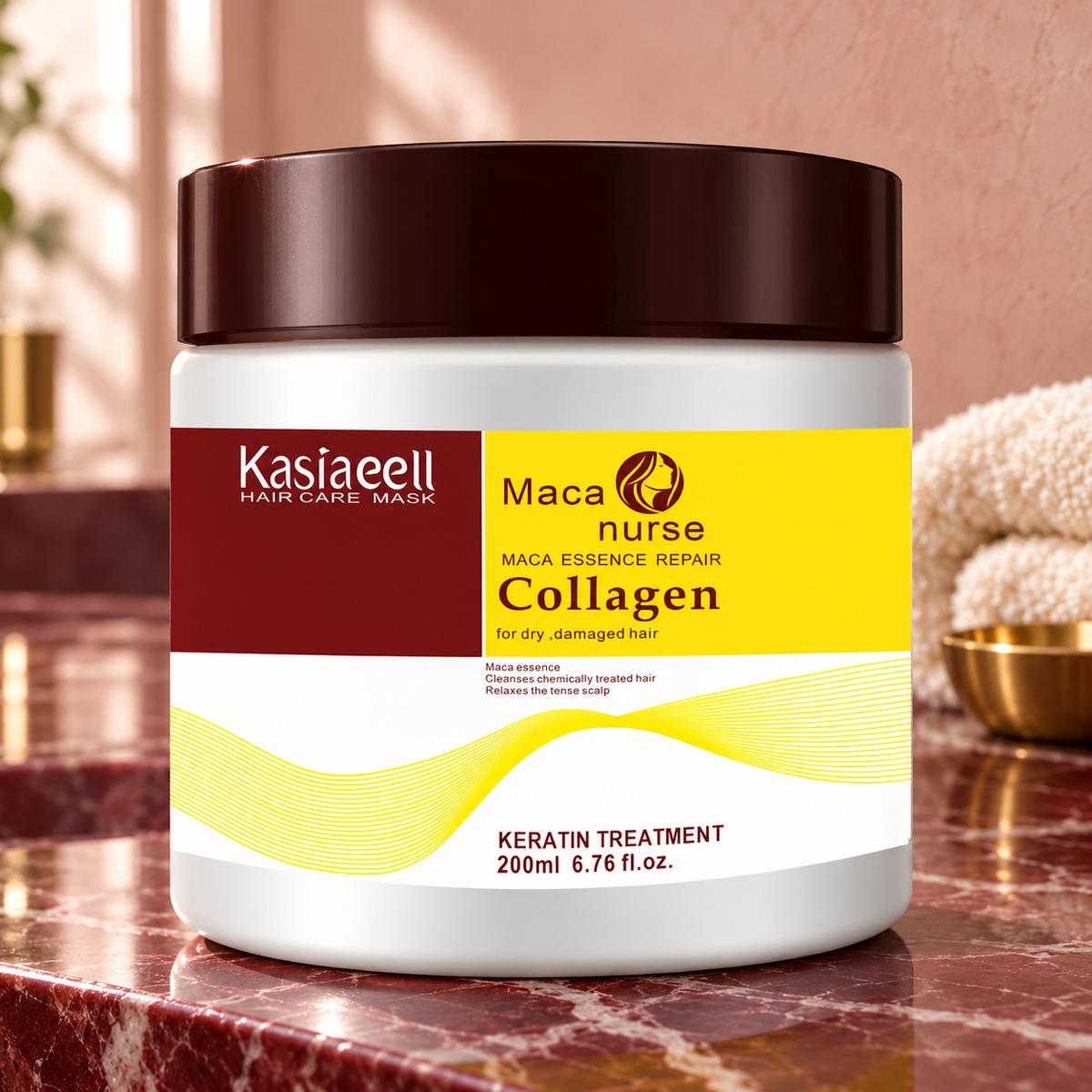 Kasiaeell Collagen hair mask on a burgundy stone salon treatment counter