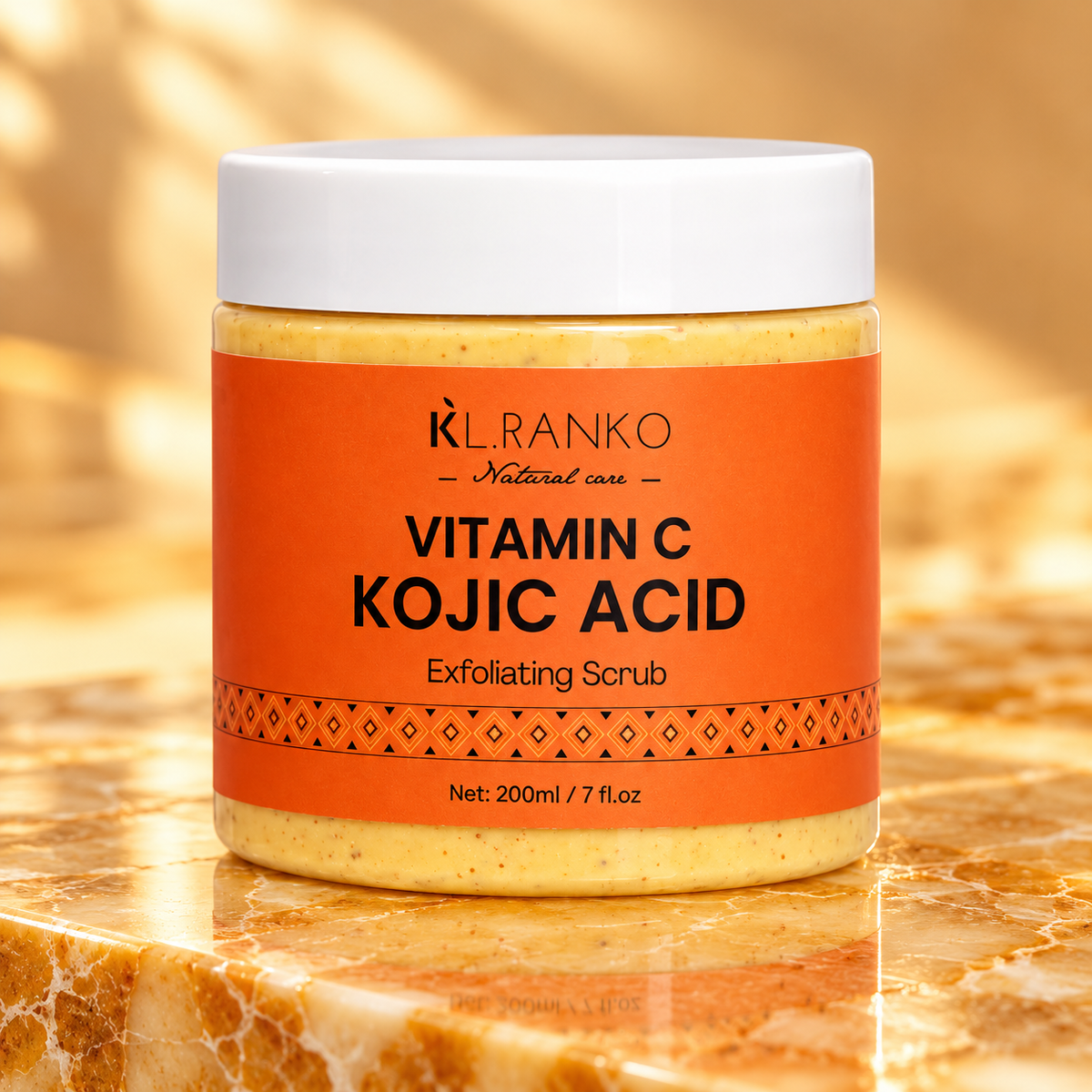 KL.RANKO Vitamin C Kojic Acid Scrub 200 ml on amber marble