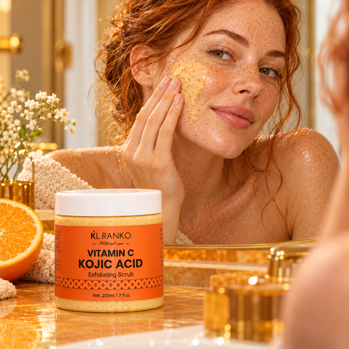 Adult woman applying KL.RANKO scrub to damp skin
