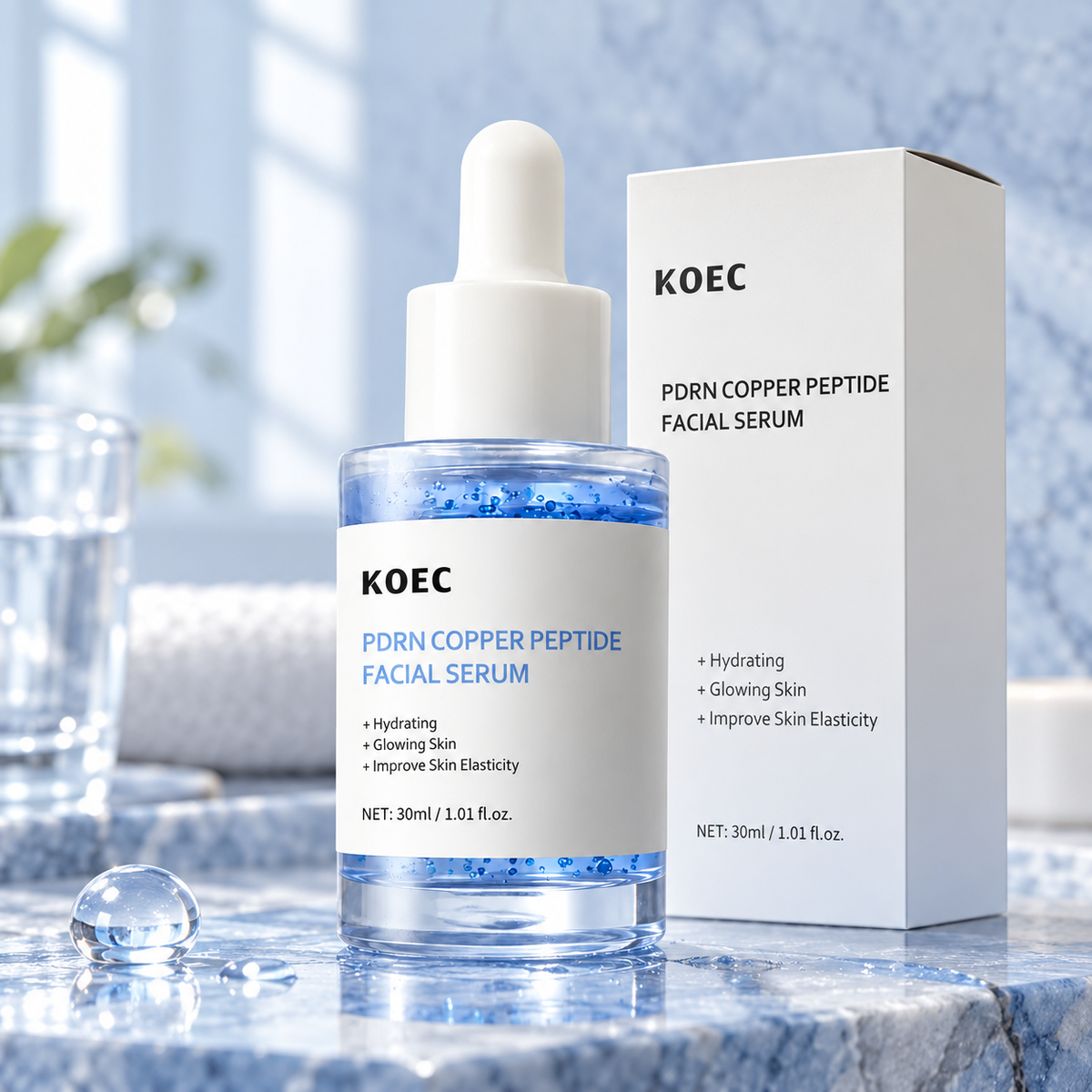 KOEC PDRN Copper Peptide Facial Serum — 30 ml — product and original packaging