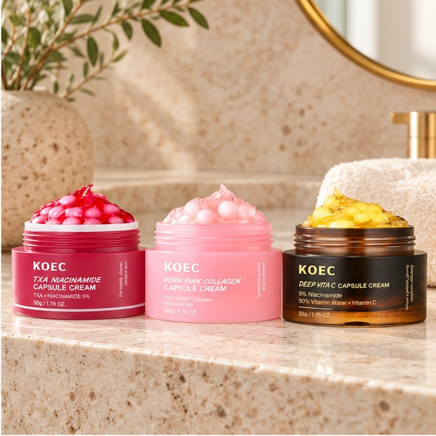 KOEC Capsule Cream Trio — TXA Niacinamide, PDRN Pink Collagen & Deep Vita C — editorial product photo