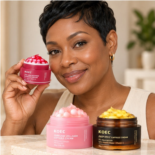 KOEC Capsule Cream Trio — TXA Niacinamide, PDRN Pink Collagen & Deep Vita C — model holding product