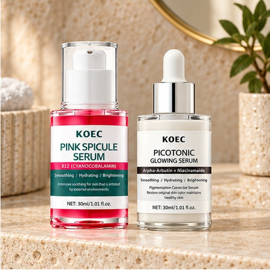 KOEC Pink Spicule & Picotonic Glowing Serum Duo — 2 × 30 ml — editorial product photo