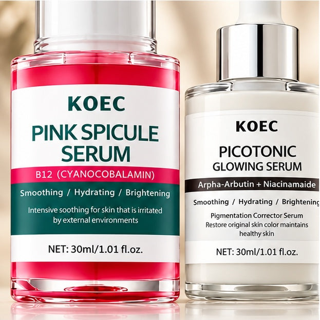 KOEC Pink Spicule & Picotonic Glowing Serum Duo — 2 × 30 ml — label closeup