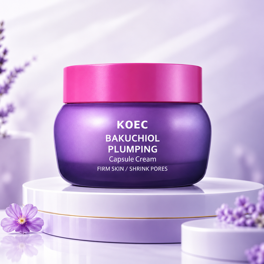 KOEC Bakuchiol Plumping Capsule Cream jar on a lavender display, without headline overlays