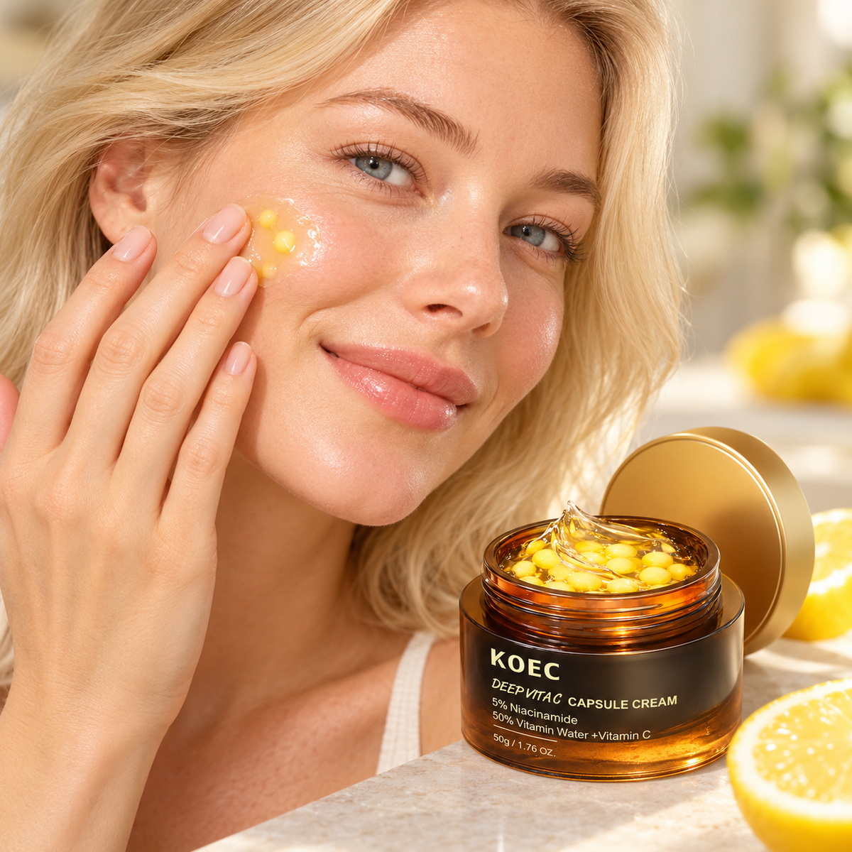 KOEC Deep Vita C Capsule Cream — 50 g — adult model applying product