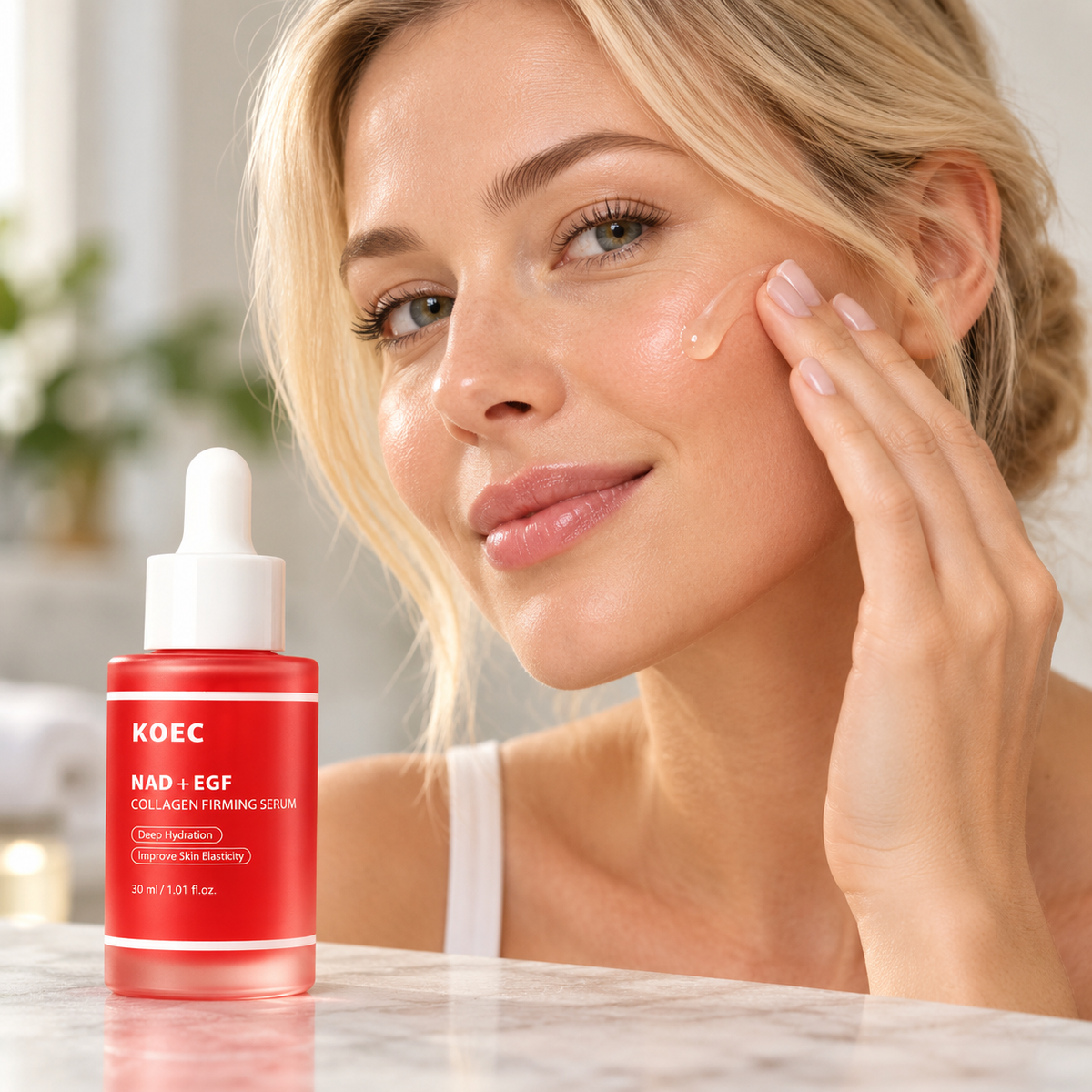 KOEC NAD+ EGF Collagen Firming Serum — 30 ml — adult model applying product