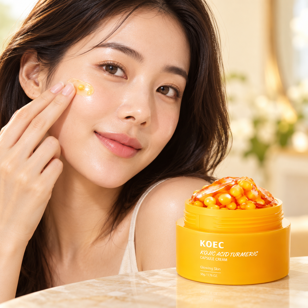KOEC Kojic Acid Turmeric Capsule Cream — 50 g — adult model applying product