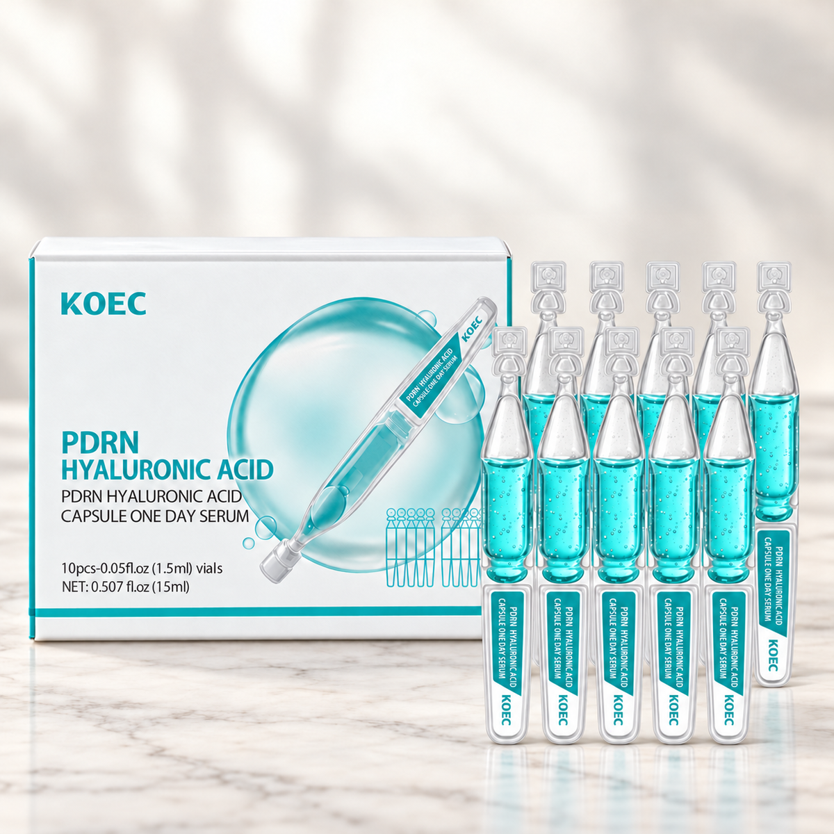 KOEC PDRN Hyaluronic Acid Capsule One Day Serum — 10 × 1.5 ml — readable product hero